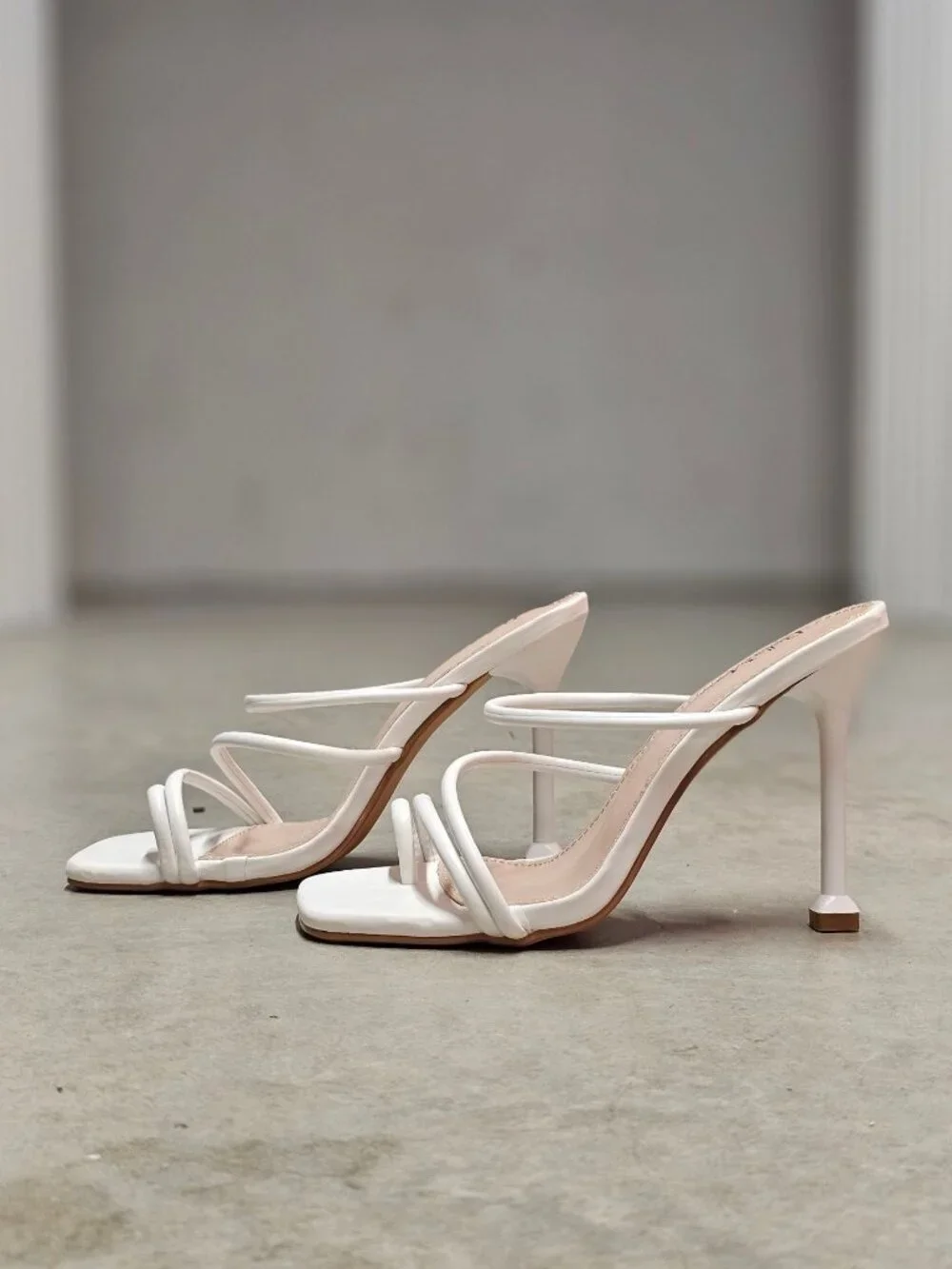 Strappy White High Heel Mules With Square Toe & Slim Stiletto Heels For Women
